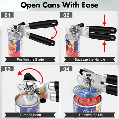 3PCS Can Opener Manual & Bottle Opener & Wine Opener, Smooth Edge Can Openers with Strong Magnet, Heavy Duty Stainless Steel Abrelatas Handheld Waiter Corkscrew - Premium Kitchen Supplies (Black)