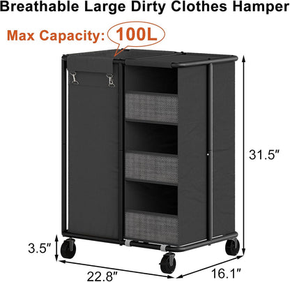 WOWLIVE Laundry Sorter 2 Section, 200L Rolling Laundry Hamper with Wheels | Laundry Cart with Steel Frame, Laundry Basket with Hanging and Removable Bag, Storage Unit Basket Organizer for Dorm, Beige