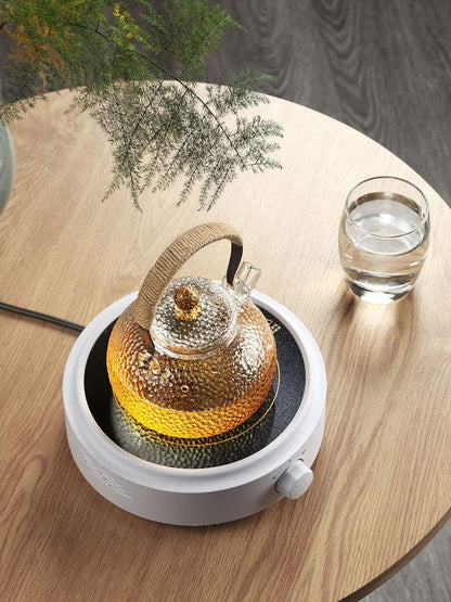 Glass Filtering Tea Maker Teapot with a Warmer and 6 Double-walled Tea Cups Set (Heating base, Standard)