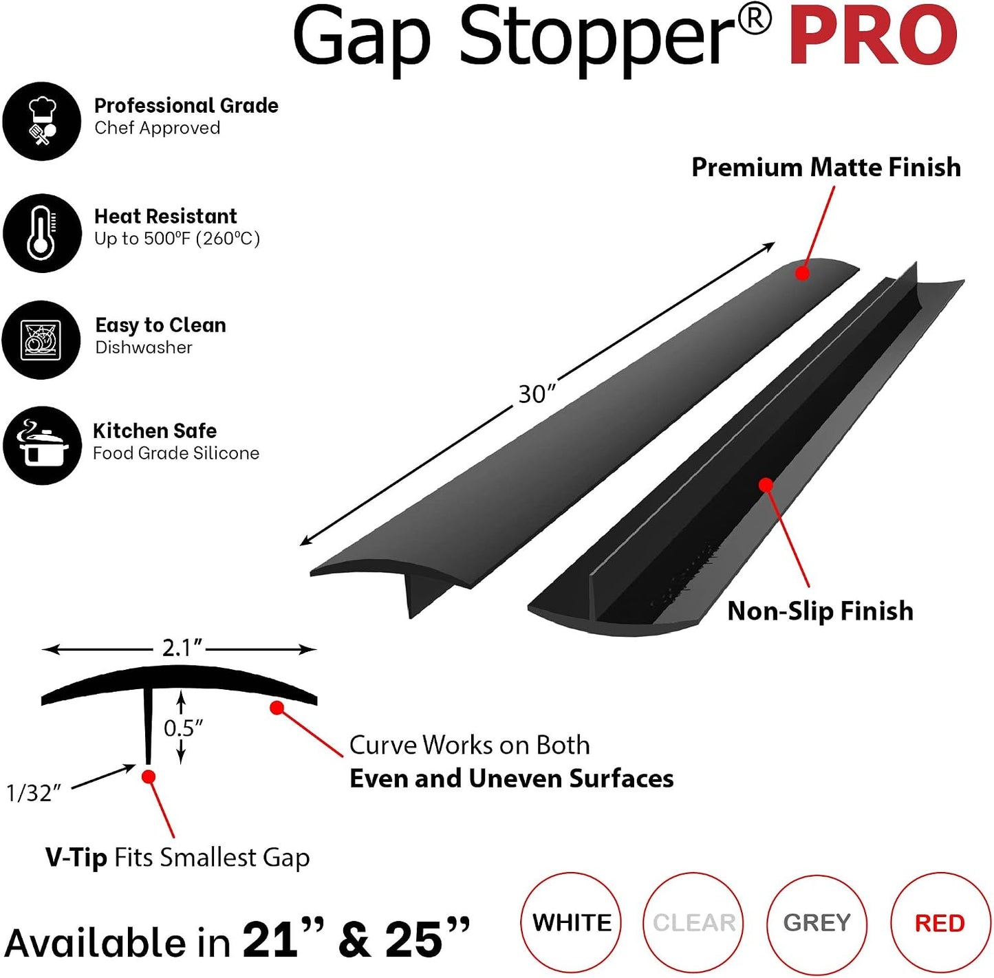 Gap Stopper® Pro - 21" Gray, Professional Grade, FDA Heavy 8.6 oz Silicone, Set of 2, Covers Gap between Stove & Countertops