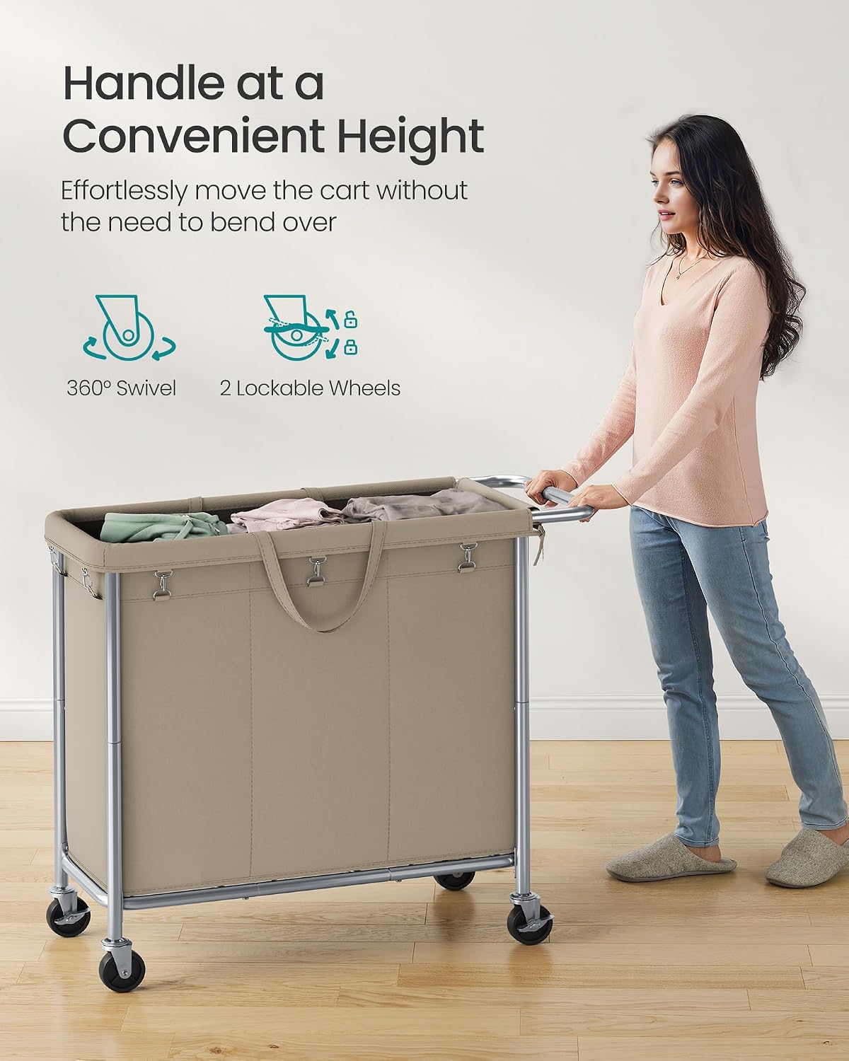 SONGMICS Laundry Basket with Wheels, 4-Section Rolling Laundry Hamper, 68.6 Gallons (260 L), Removable Liner, Steel Frame with Handle, 43.3 x 15.4 x 31.9 Inches, Cream White URLS014W01