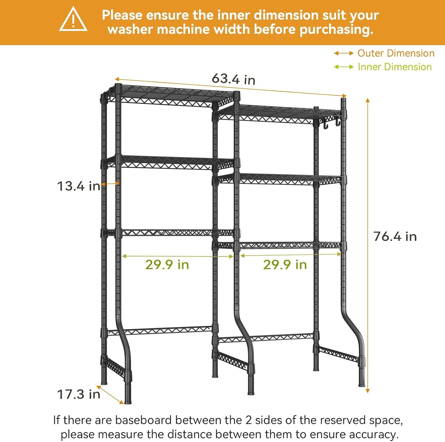 U15 Over Washer and Dryer Storage Shelves, Laundry Room Metal Rack | 6-Tier Shelf Space Saver Holds 568lbs, Above Washer Dryer Storage Rack for Organization, 63.4"W x 17.3"D x 76.4"H, Black