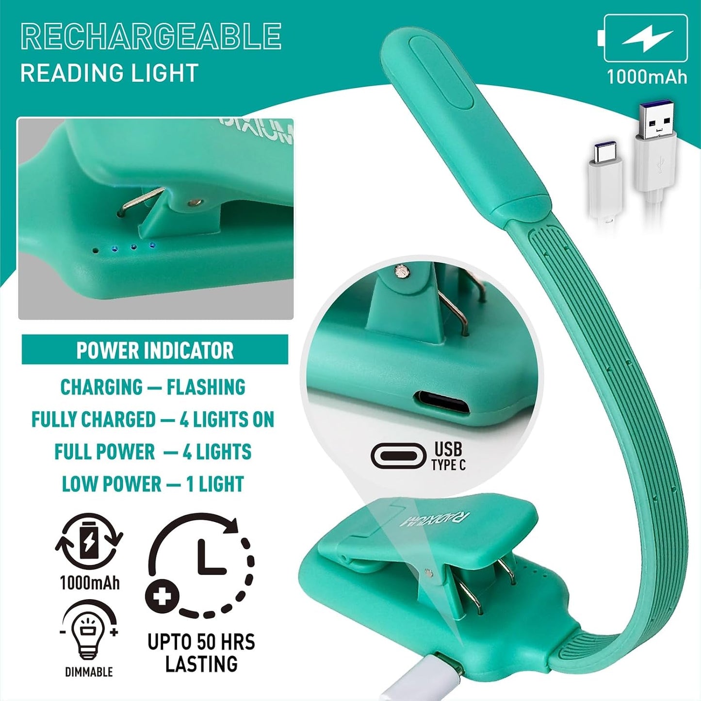 Rechargeable Book Light for Reading - 9LED Eye-Caring Clip Light w/ 9 Color Temp, Stepless Dimming, 50H Battery, USB-C, Ultra Slim - Gift for Book Lovers (Black)