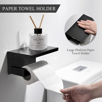 TURS Bathroom Hardware Set Black 4-Piece Towel Bar Set Include 24 Inch Towel Bar Hand Towel Holder Towel Hook Toilet Paper Holder with Shelf Wall Mounted Stainless Steel Bathroom Accessories Set