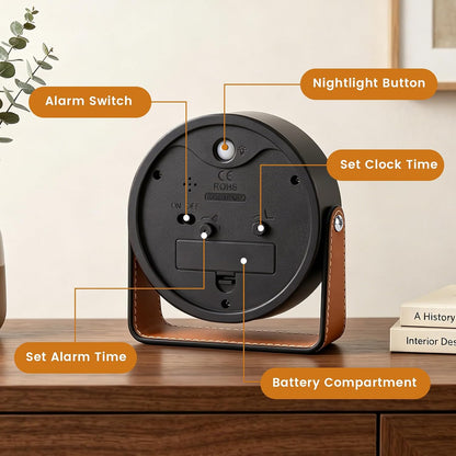 Analog Alarm Clock - 4.5" Silent Non Ticking Small Clock with Light, Rotatable Stand Metal Desk Clock Battery Operated, Simple Design for Living Room Decor/ Bedroom/Bedside/Shelf (Black & White)