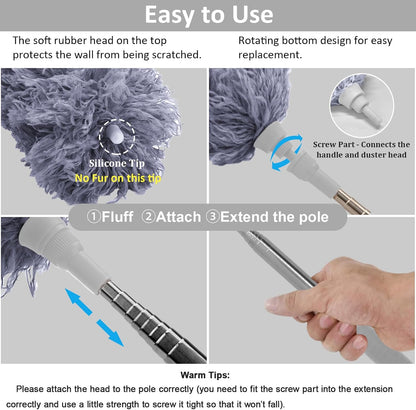 Cobweb Duster with Extension Pole 100 inches, Dusters for Cleaning with 2 Duster Heads, Washable Microfiber Feather Duster for Cleaning Ceiling Fan, High Ceiling, Blinds, Furniture & Cars