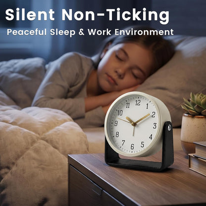 Analog Alarm Clock - 4.5" Silent Non Ticking Small Clock with Light, Rotatable Stand Metal Desk Clock Battery Operated, Simple Design for Living Room Decor/ Bedroom/Bedside/Shelf (Black & White)