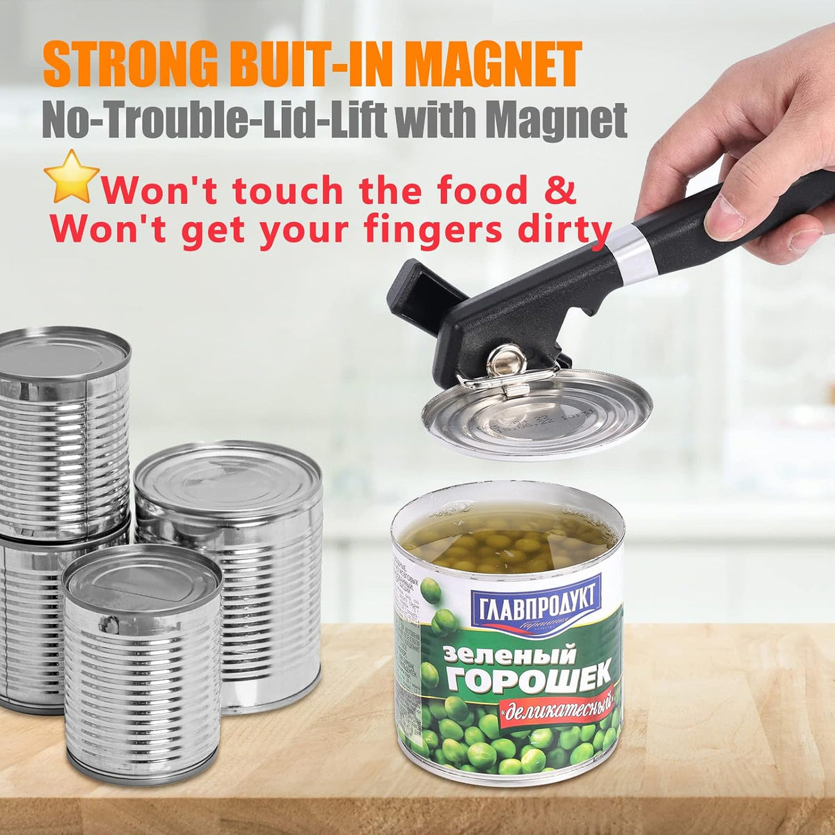 Side Cut Can Opener, Smooth Edge Manual Can Opener, Black