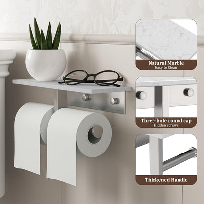 BWE Brushed Gold Toilet Paper Holder with Marble Shelf Wall Mounted | Toilet Paper Roll Holder with Phone Shelf 304 Stainless Steel Tissue Holder for Bathroom Washroom,Saving Space