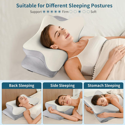 Cervical Neck Pillow for Pain Relief, Contour Memory Foam Pillows for Sleeping, Ergonomic Pillow Orthopedic Cooling Pillow Bed Pillow Neck Support for Side Back Stomach Sleepers（Grey&White