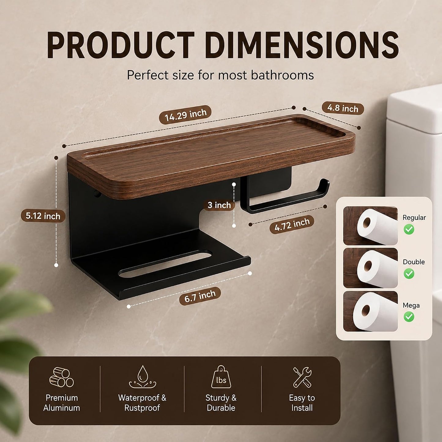 Toilet Paper Holder with Wide Walnut Shelf, Wall Mount Matte Black | 14.29 X 4.8 in Wide Solid Wood Shelf with Waterproof Finish,Rust-Resistant SUS304 Stainless Steel,Adhesive or Screw Mount