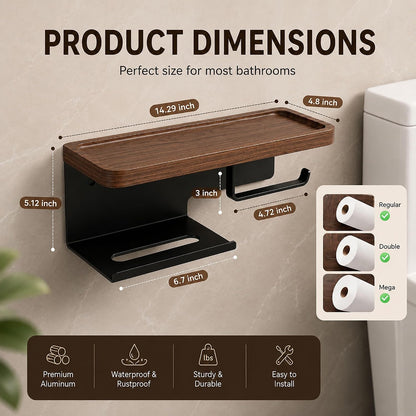 Toilet Paper Holder with Wide Walnut Shelf, Wall Mount Matte Black | 14.29 X 4.8 in Wide Solid Wood Shelf with Waterproof Finish,Rust-Resistant SUS304 Stainless Steel,Adhesive or Screw Mount
