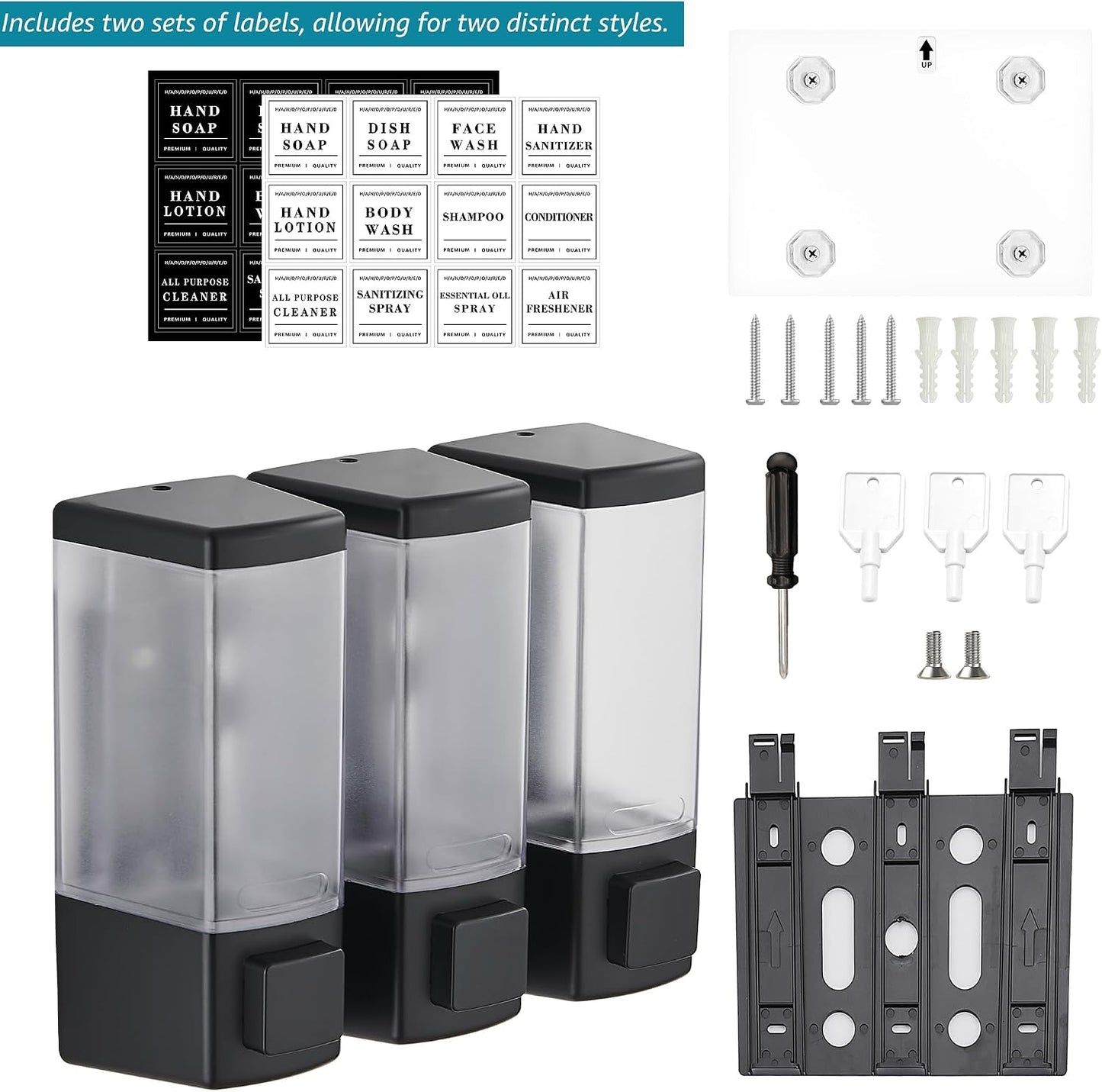 Shampoo and Conditioner Dispenser for Shower, 3 Chamber, Black | Wall Mounted, No Drill, 3×16.9oz, ABS Plastic Material, Refillable With Labels, For Bathroom Hotel