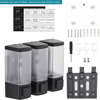 Shampoo and Conditioner Dispenser for Shower, 3 Chamber, Black | Wall Mounted, No Drill, 3×16.9oz, ABS Plastic Material, Refillable With Labels, For Bathroom Hotel