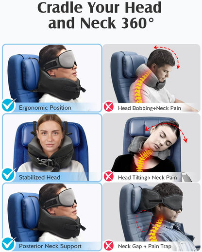 YFONG Travel Pillow with Head Support & Sleep Mask for Long Flights, Black | Patented 360° Support System, Prevents Bobbing, Airplane Head Strap, 3D Eye Mask, Memory Foam Neck Pillow, Travel Essential