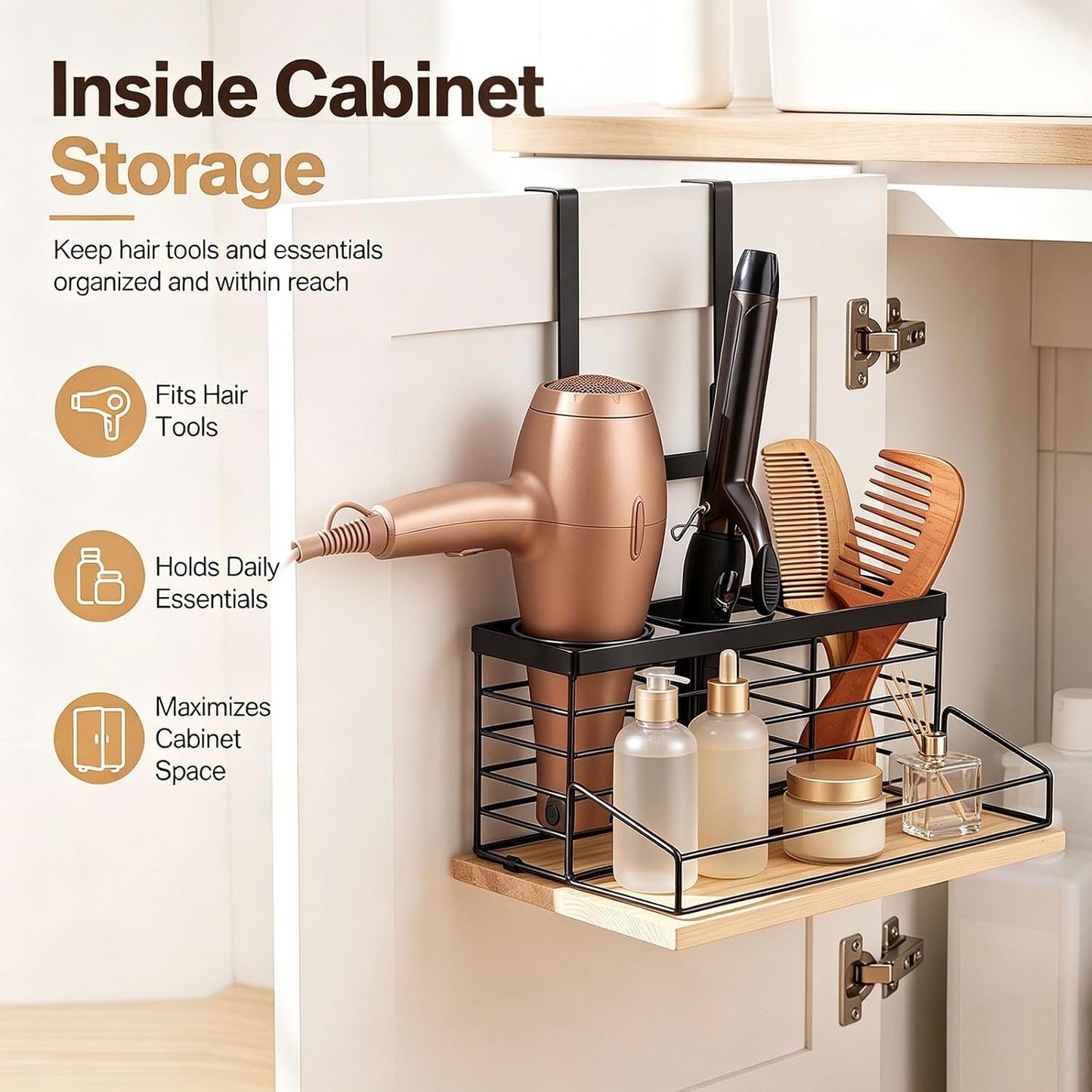 Metal Hair Tool Organizer Hair Dryer Holder for Bathroom | Adjustable Height, Wall Mounted, 3 in 1 Blow Dryer Holder, Hot Tools Organizer, over Cabinet Door, Heavy Duty Storage Rack