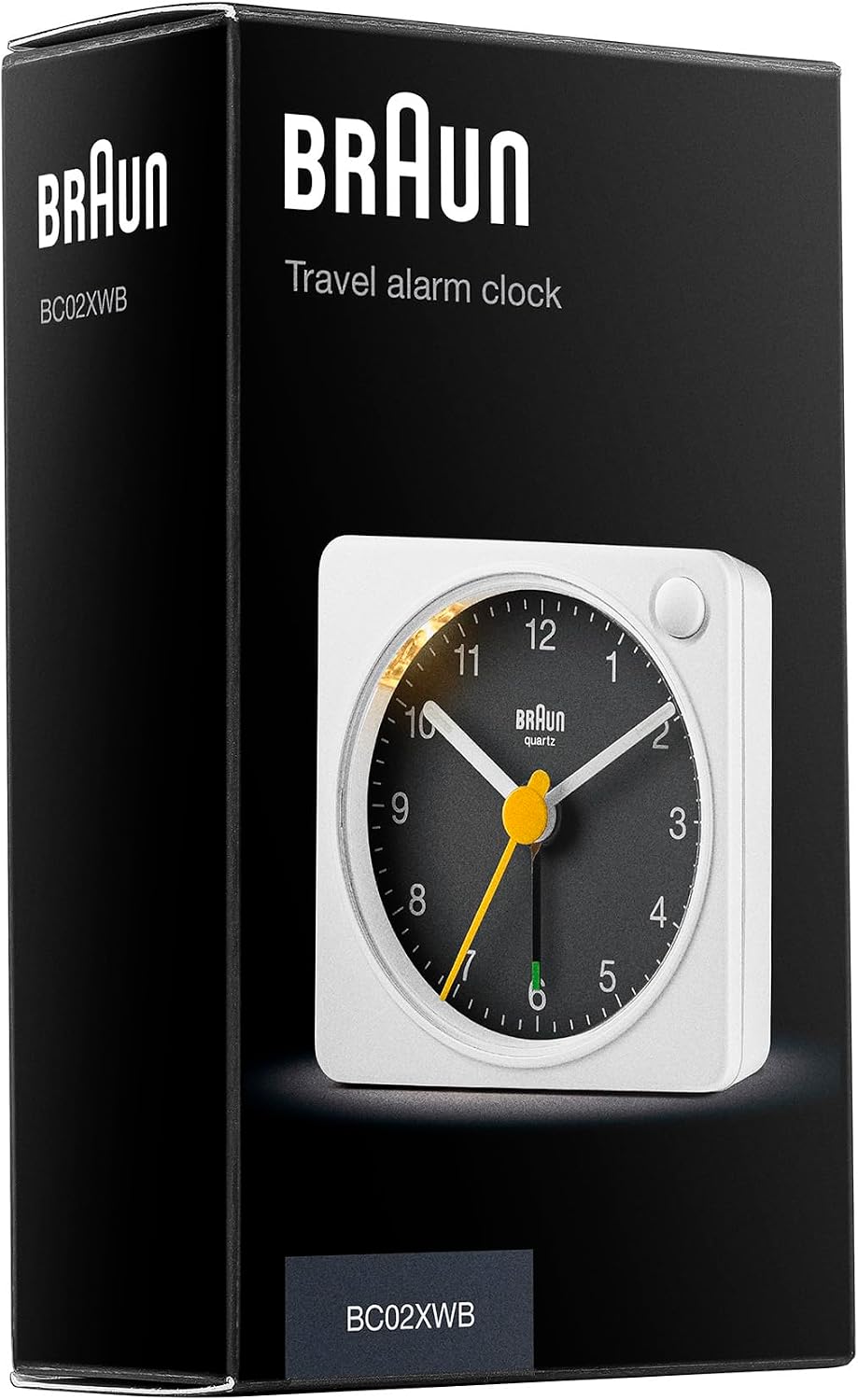 Braun Classic Travel Analogue Alarm Clock with Snooze and Light, Compact Size, Quiet Quartz Movement, Crescendo Beep Alarm in Black and White, Model BC02XBW.