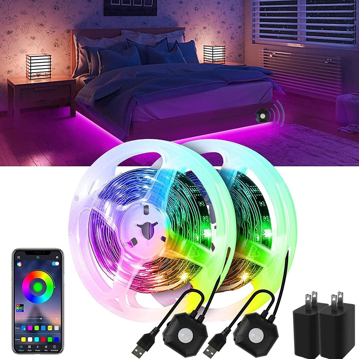 Motion Activated Under Bed Lights, 2x9.84ft 5050 RGB Color Changing LED Strip Lights with Sensor, APP Control and Music Sync, Dimmable Night Light for Bedroom Stair Father Day Gifts