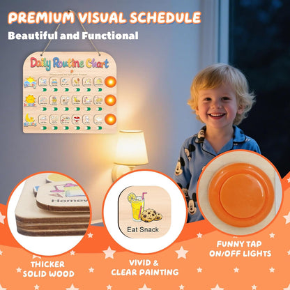 Morning Routine Chart for Toddlers, Visual Schedule Chart Planner | to Do List with 6 Tap Lights & 10 Activity Cards, Wooden Checklist Schedule Board for Kids, Autism, Preschoolers, ADHD Tools