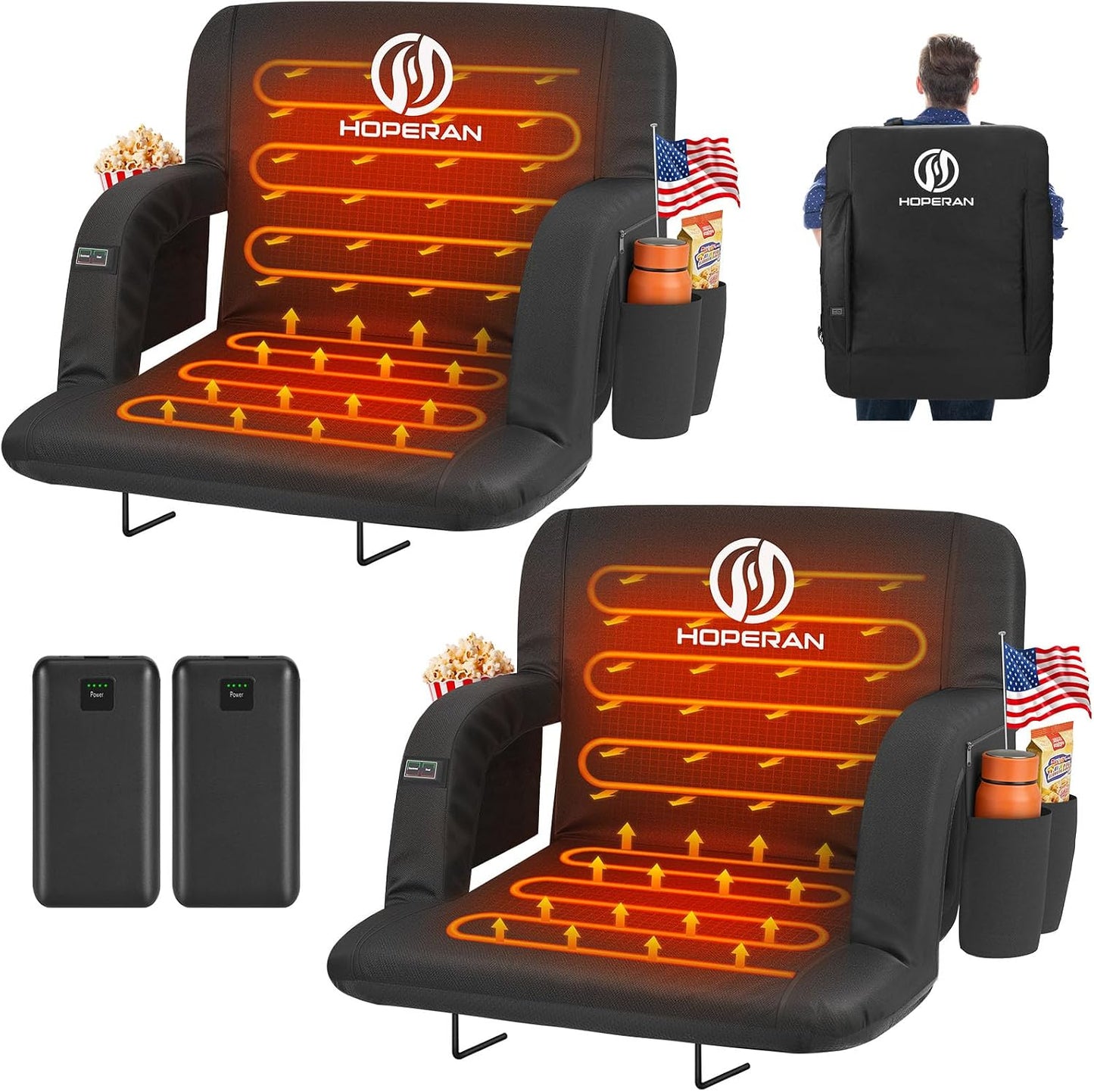 HOPERAN Heated Stadium Seats for Bleachers with Power Bank, Dual Control | Independent Seat & Back Heat (20000mAh Battery Included), Soft Cushion, 6 Recliner, Anti-Slip Stability, Side Pockets