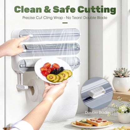 Aluminum Foil & Plastic Wrap Dispenser with Cutter - Magnetic & No-Drill Wall Mount, Cling Film Dispenser with Paper Towel Holder, Space-Saving 4-in-1 Kitchen Organizer - Fits 12" Roll, Black