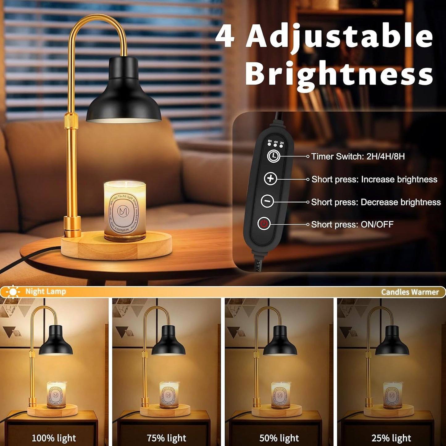 Candle Warmer Lamp Dimmable with Timer and 3 Bulbs, Adjustable Height & Brightness, Electric Candle Wax Warmer for Jar Candles, House Warming Gifts New Home Decor (Black)