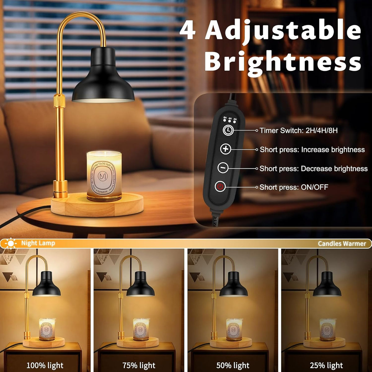 Candle Warmer Lamp Dimmable with Timer and 3 Bulbs, Adjustable Height & Brightness, Electric Candle Wax Warmer for Jar Candles, House Warming Gifts New Home Decor (Black)