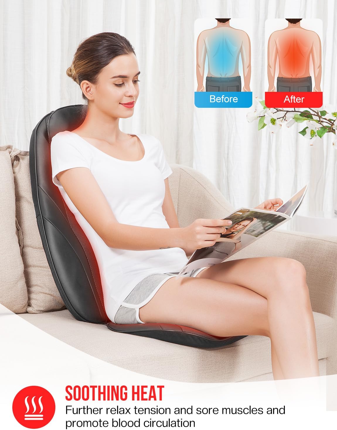 Snailax Shiatsu Back Massager with Heat, Deep Kneading Massage Chair Pad for Neck, Shoulders, Full Back & Waist, Adjustable Roller Massage Seat Cushion for Home Office, Pain Relief, Gift for Men Women
