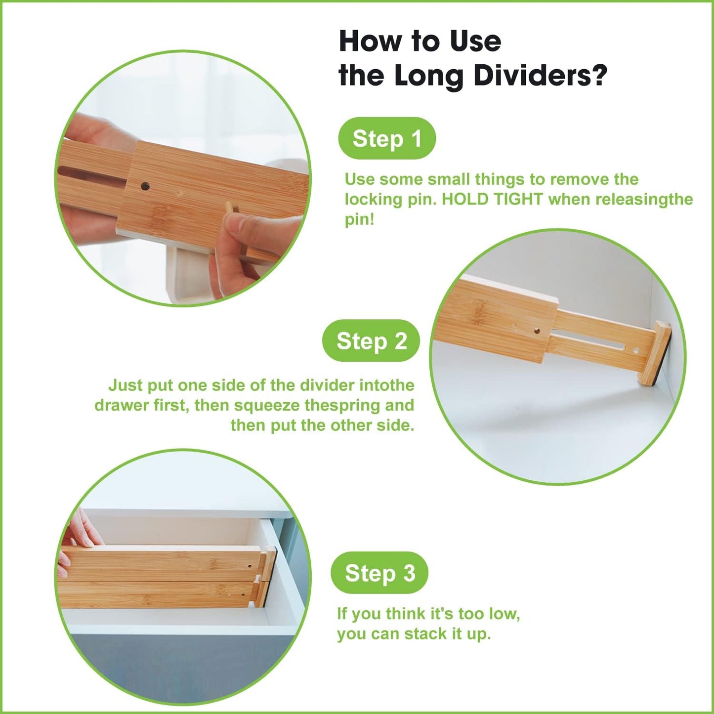 Bamboo Drawer Dividers, Expandable Drawer Separators Splitter, 17-22 inches Adjustable Spring-loaded Organizer for Large Utensil, Clothes, Tools Drawers, 6 Pack Dividers + 4 Pack Baffle