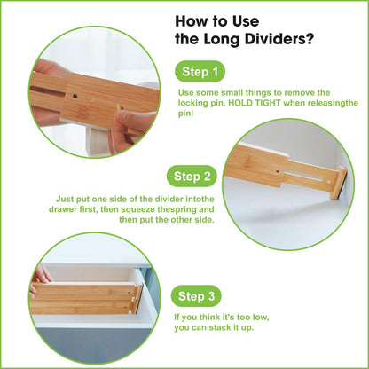 Bamboo Drawer Dividers, Expandable Drawer Separators Splitter, 17-22 inches Adjustable Spring-loaded Organizer for Large Utensil, Clothes, Tools Drawers, 6 Pack Dividers + 4 Pack Baffle