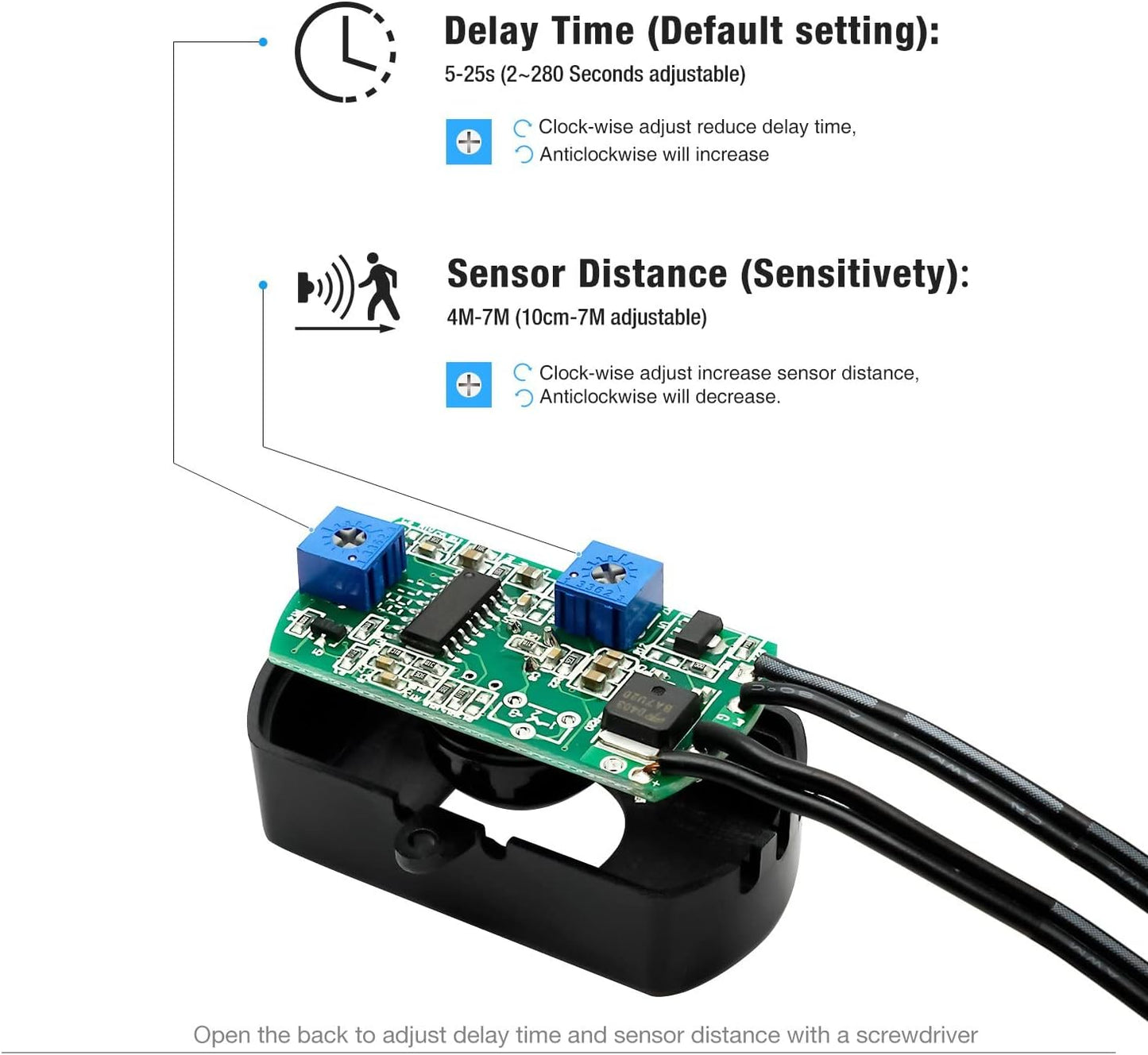Sensky BS010W Motion Sensor Light Switch - DC 12V to 30V PIR Motion Sensor with Adjustable Delay Time and Detection Distance - for LED Strip Lighting Systems and Indoor Security Detectors