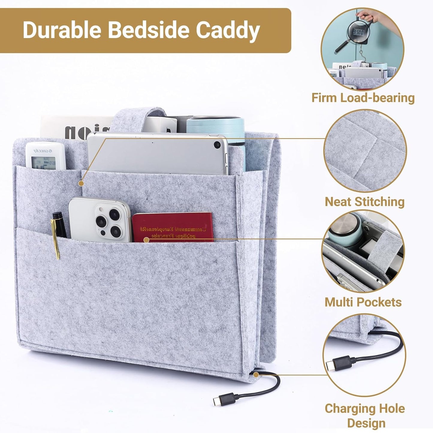 Seefoo Bed Caddy Organizer, Bunk Bed Shelf Caddy with 4 Pockets Grey | Easy Storage, Magazine Holder, Sturdy Bedside Organizer, Strong-Grip Loop Tape Sticky, for Bed, Bunk, Dorm, Sofa