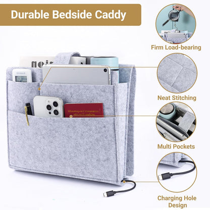 Seefoo Bed Caddy Organizer, Bunk Bed Shelf Caddy with 4 Pockets Grey | Easy Storage, Magazine Holder, Sturdy Bedside Organizer, Strong-Grip Loop Tape Sticky, for Bed, Bunk, Dorm, Sofa