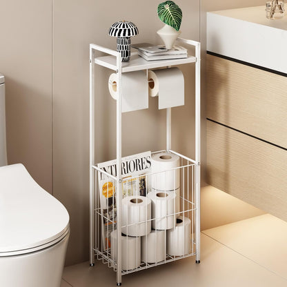 Voldra Toilet Paper Holder with Shelf, Flushable Wipes Dispenser for Bathroom, Adhesive Toilet Paper Roll Holder with Storage Wall Mount Stick On Bathroom Tissue Holder Front Flip Design (Matte Black)
