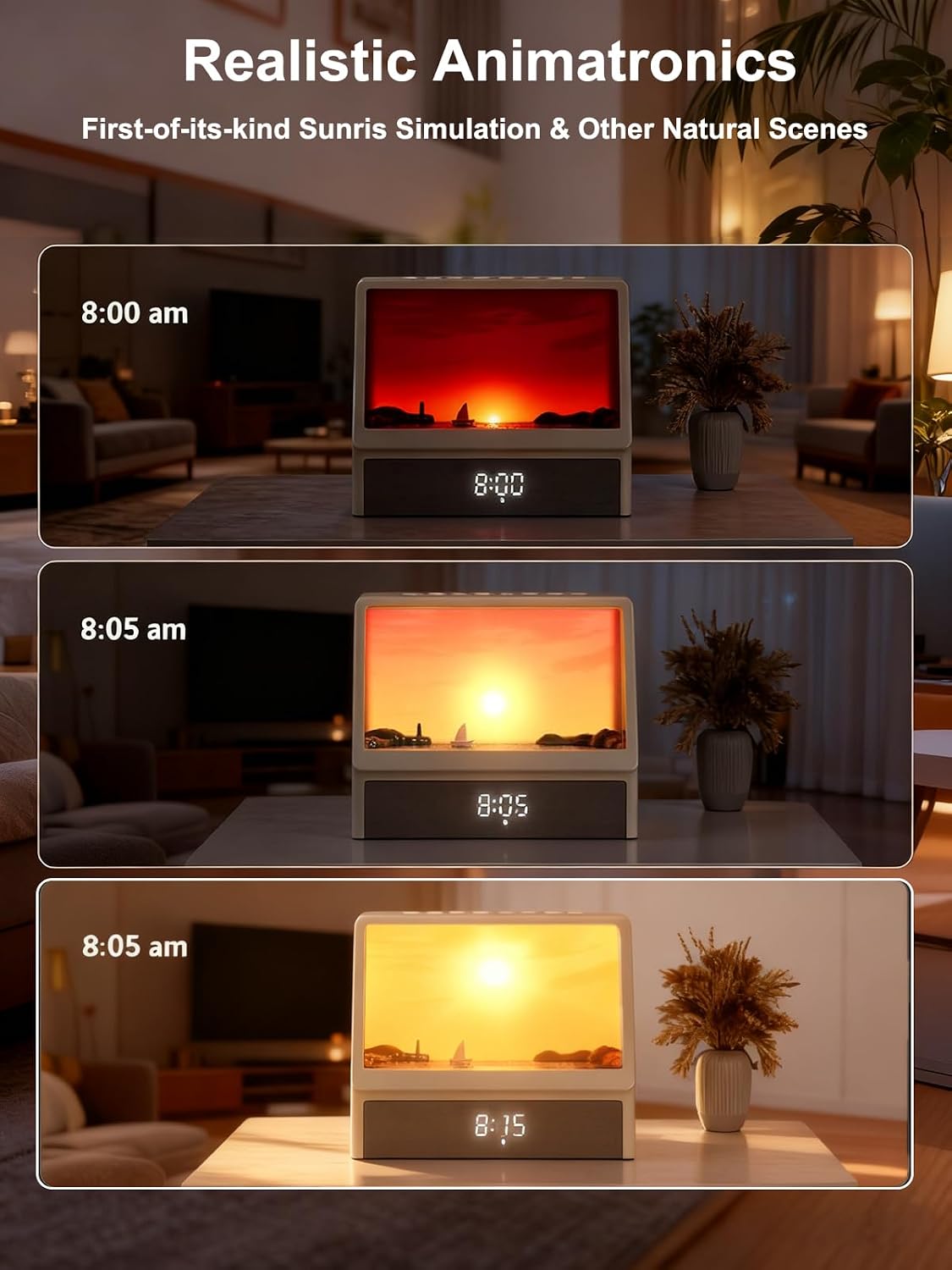 Sunrise Alarm Clock for Bedrooms, White Noise Machine Creative Simulated Sunrise Animation with 7 Modes, 12 Natural Sounds, Music Speaker & Remote, Wake Up Light Sunset Lamp Gifts for Heavy Sleepers