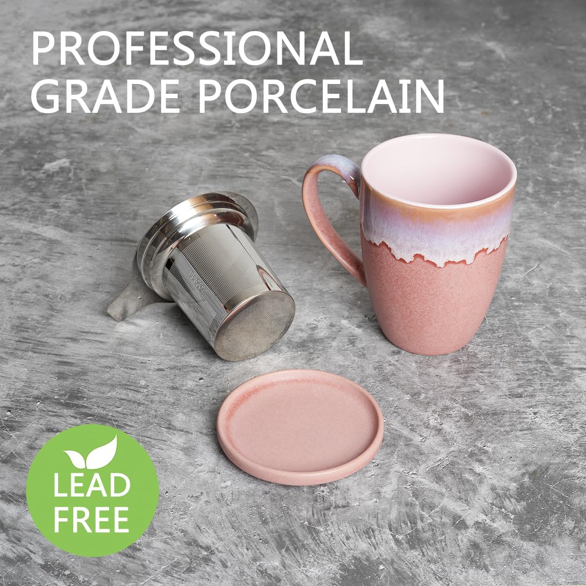 Bosmarlin Ceramic Tea Cup with Infuser and Lid, 13.5 Oz, Loose Leaf Tea Steeper Mug with Strainer, Microwave and Dishwasher Safe, Reactive Glaze (13.5 Oz, Pale Green)