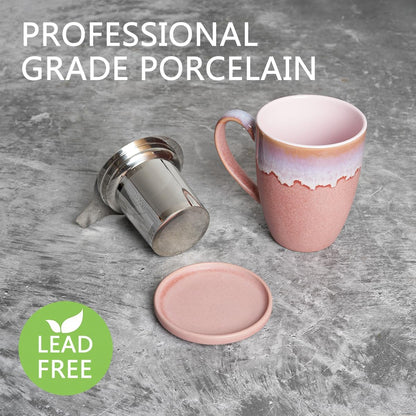 Bosmarlin Ceramic Tea Cup with Infuser and Lid, 13.5 Oz, Loose Leaf Tea Steeper Mug with Strainer, Microwave and Dishwasher Safe, Reactive Glaze (13.5 Oz, Pale Green)