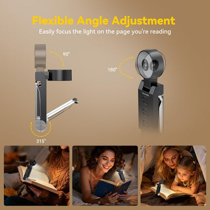 TechRise Book Light, Clip-on Reading Light for Books in Bed, Rechargeable Reading lamp, Eye-Caring with Timer, 5 Color Temps & 6 Brightness, 80+ Hrs, Perfect for Kids, Book Lovers, Black