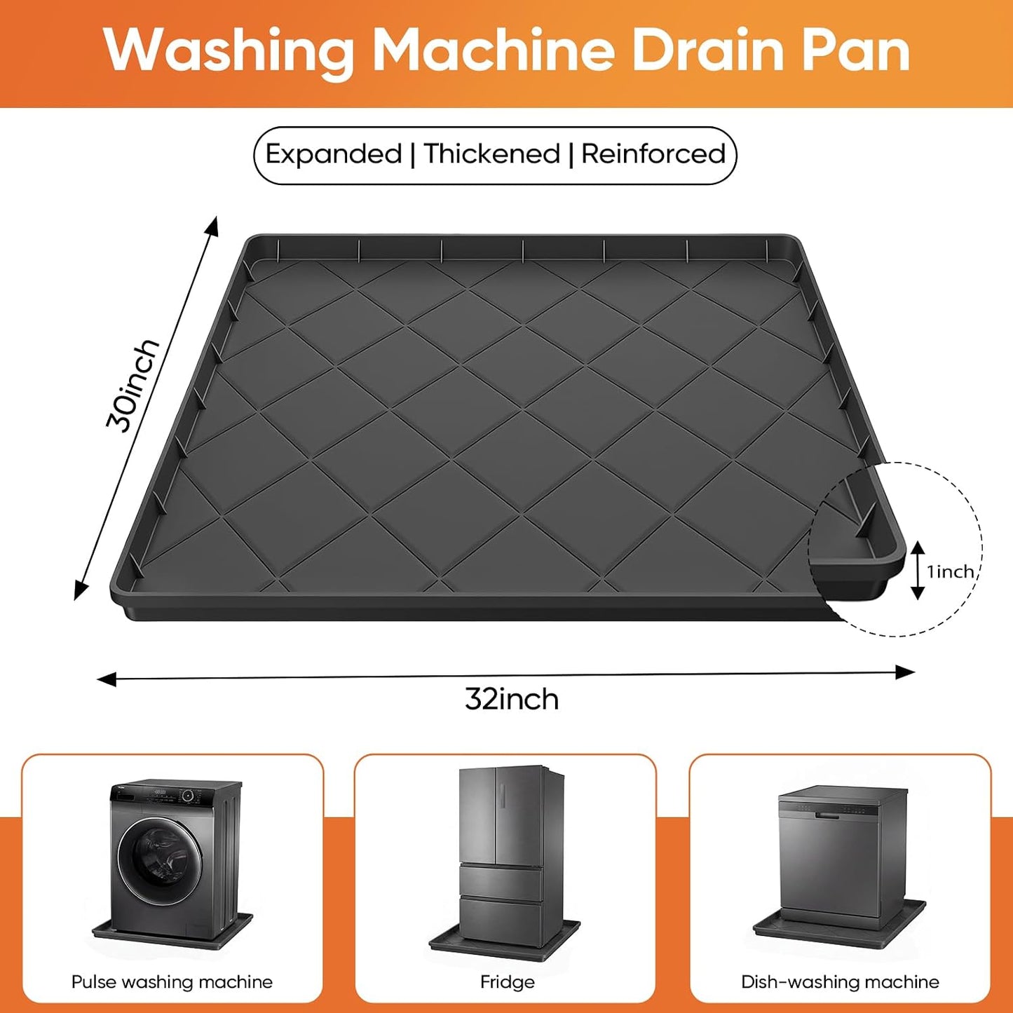 Washing Machine Drain Pan Silicone Mat,Large 32"X 30"with 1" Raised Edges | Non-Slip Waterproof Washer Drain Pan,Washing Machine Tray for Floor Protection,Multi-Purpose Leakproof Washer Drip Pan (Grey)