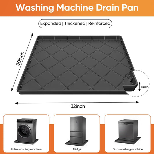 Washing Machine Drain Pan Silicone Mat,Large 32"X 30"with 1" Raised Edges | Non-Slip Waterproof Washer Drain Pan,Washing Machine Tray for Floor Protection,Multi-Purpose Leakproof Washer Drip Pan (Grey)