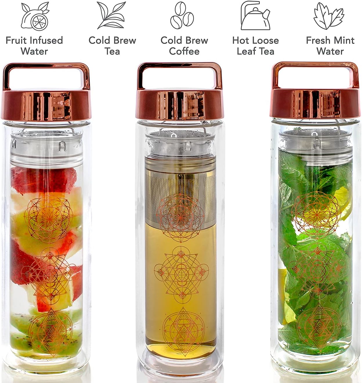 Teabloom All-Purpose Beverage Tumbler – 15 oz / 450 ml Insulated Glass Bottle – Tea, Coffee, Fruit Infused Water – All-Temperature Travel Mug – Stainless Steel Infuser Basket – The Wayfarer Tumbler