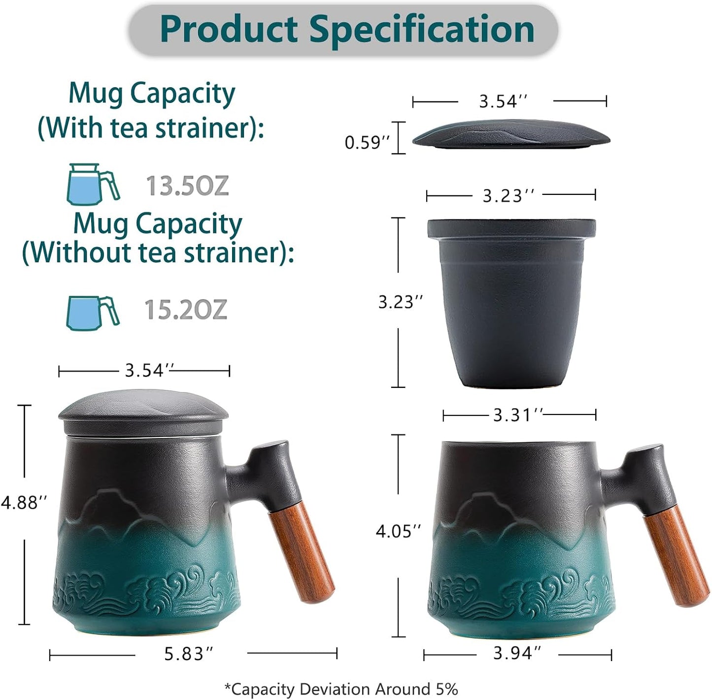 ZENS Tea Mug with Infuser and Lid for Loose Leaf Tea Steeper, 16.9oz Moss | Embossed Ceramic Tea Cup with Infuser for Herbal Tea Difussers, Tea Lovers Gifts, Nature Wood Handle