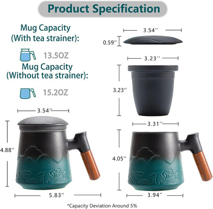 ZENS Tea Mug with Infuser and Lid for Loose Leaf Tea Steeper, 16.9oz Moss | Embossed Ceramic Tea Cup with Infuser for Herbal Tea Difussers, Tea Lovers Gifts, Nature Wood Handle
