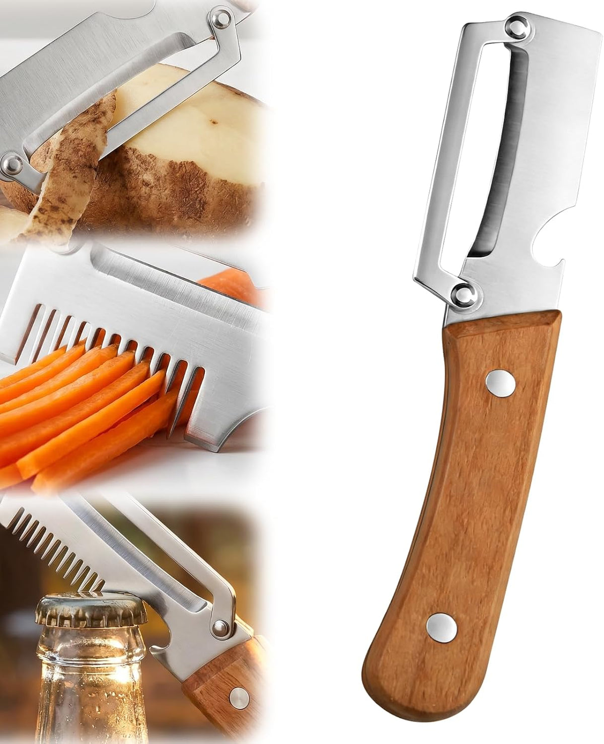 2026 Upgrade Vegetable Peeler and Julienne Peeler Set, Stainless Steel Vegetable Peelers for Kitchen with Wood Handles and Bottle Opener, Multifunctional Vegetable Peeler Set