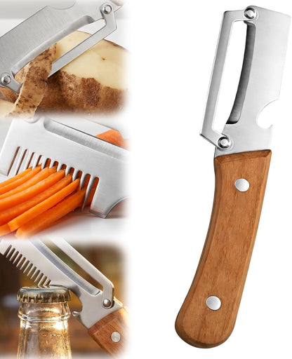 2026 Upgrade Vegetable Peeler and Julienne Peeler Set, Stainless Steel Vegetable Peelers for Kitchen with Wood Handles and Bottle Opener, Multifunctional Vegetable Peeler Set