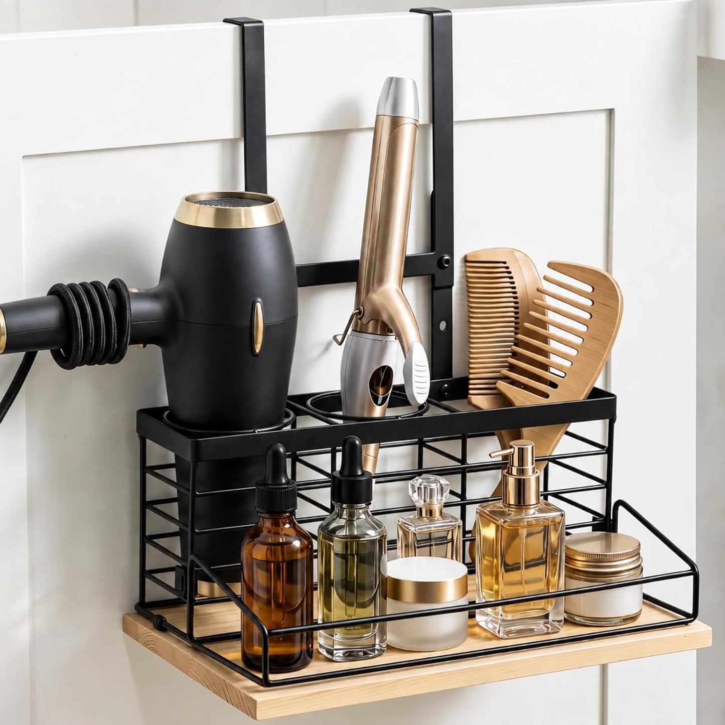 Metal Hair Tool Organizer Hair Dryer Holder for Bathroom | Adjustable Height, Wall Mounted, 3 in 1 Blow Dryer Holder, Hot Tools Organizer, over Cabinet Door, Heavy Duty Storage Rack