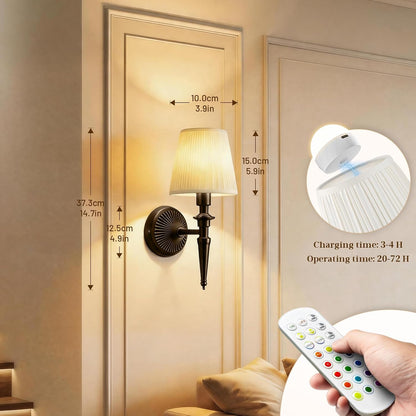 Battery Operated Wall Sconces Set of 2, Wireless Rechargeable Wall Lights with 12 RGB Colors and 3CCT Dimmable, Small Fabric LED Wall Lamps for Bedroom, Living Room, Hallway, Gold