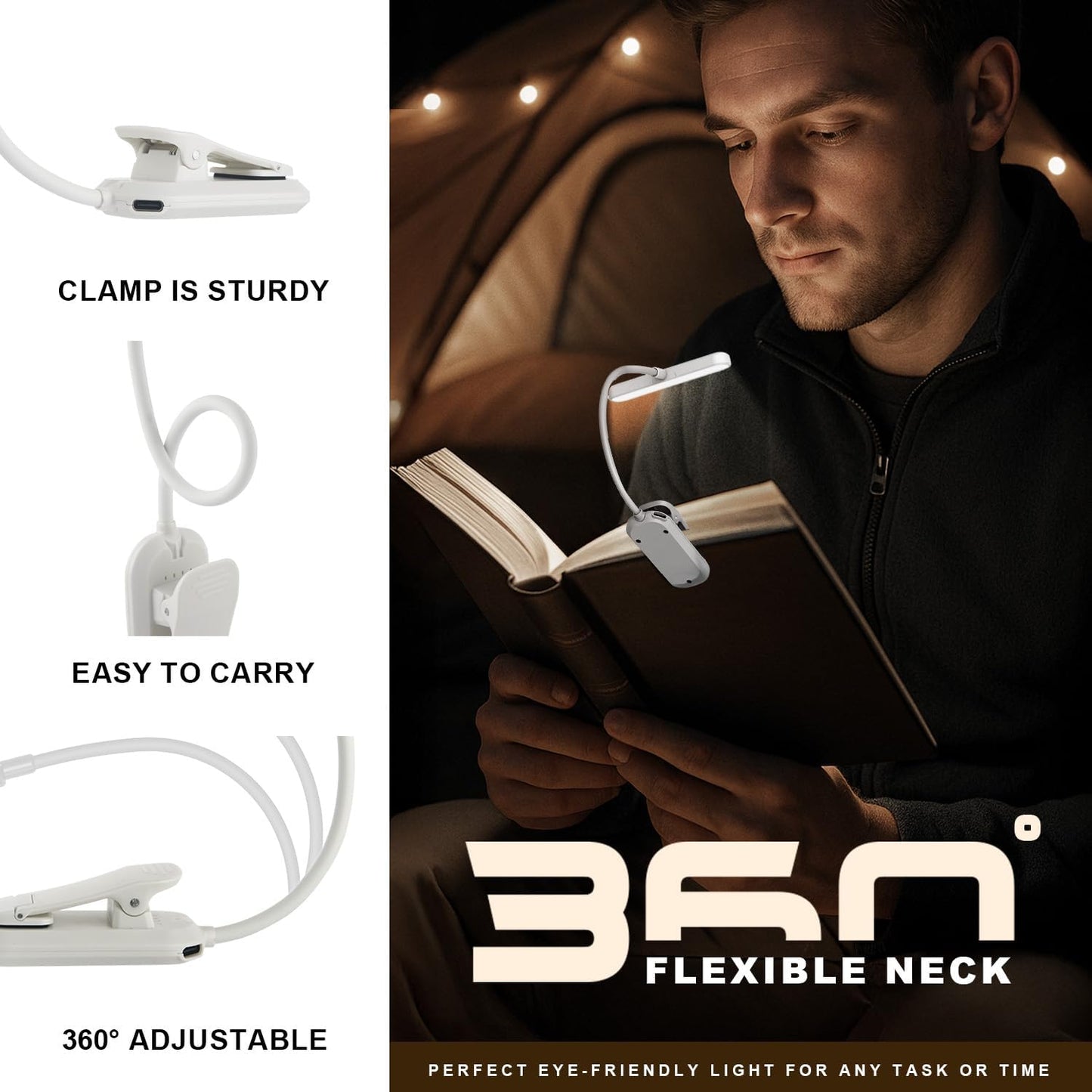Rechargeable Book Light for Reading in Bed 25 LED - Eye Caring 15 Level Stepless Dimming, Extended 90Hrs Runtime, Lightweight Clip on Light, Gifts for Book Lovers, Black