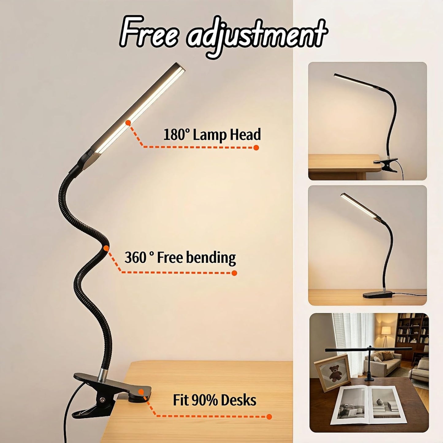 BUBBLE-FLY LED Clip on Reading Light, USB Desk Lamp with 32 LED Eye Protection, 360° Flexible Arm, Dimmable Clamp Light for Bed Headboard Home Office Study 7W Black