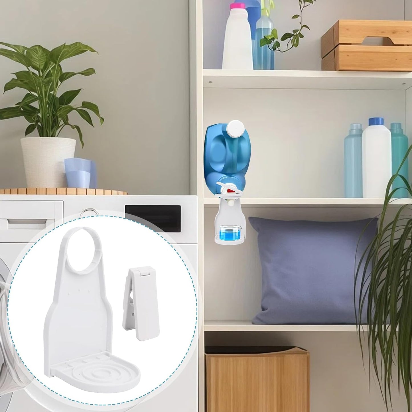Laundry Detergent Dispenser 2Pack Set with Cup Holder & Drip Catcher | Detergent Bottle Cup Holder with Nozzle Button Switch for Liquid Laundry & Softener, Laundry Room Organization and Storage